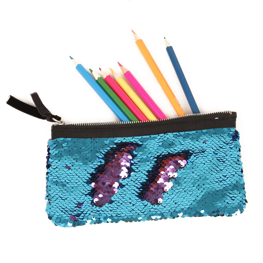 Nya Hot Studenter Pencil Väskor Mermaid Sequins Pencil Case Envelope Koppling Väska Fiskskalor Stationär Box 15Colors