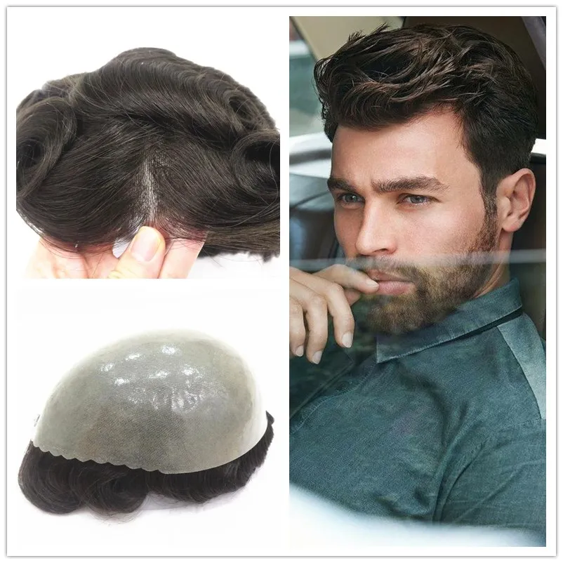 Save Big on Bulk Human Hair Mens Toupee Human Hair Wigs Men Toupee: 10x8  Inch Wave Thin Skin Full PU Hairpieces Replacement System For Men Best