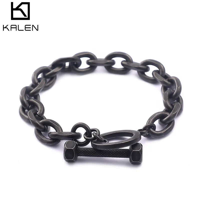 Bracciale Punk Cool 316 L in acciaio inossidabile titanio nero opaco per gioielli con ciondoli a mano da uomo KALEN