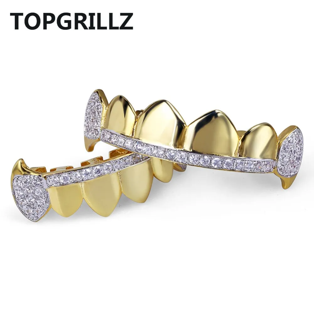 TOPGRILLZ золото хип-хоп зубы Grillz микро проложить кубический Циркон TopBottom вампир клыки зубы Грили набор Holleween идея подарка