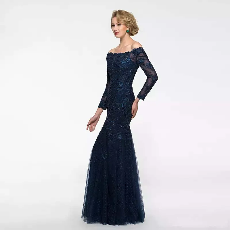 Lace Mermaid Mother of the Bride Dresses 2022 with Long Sleeves Appliques Beaded Floor Length Formal Evening Gowns