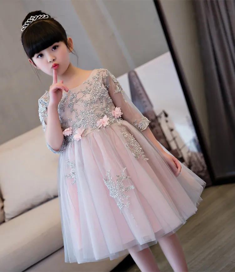 vestidos de daminha Girls Pink Mesh Wedding Party Dress Beaded Appliques Flower Girl Dresses for First Communion Dress