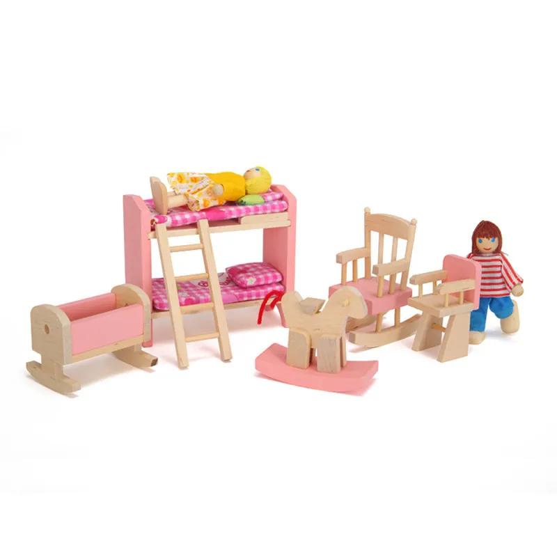 Boneca de madeira banheiro móveis beliche casa miniatura crianças bonecas boneca casa acessórios para crianças brincar de brinquedo