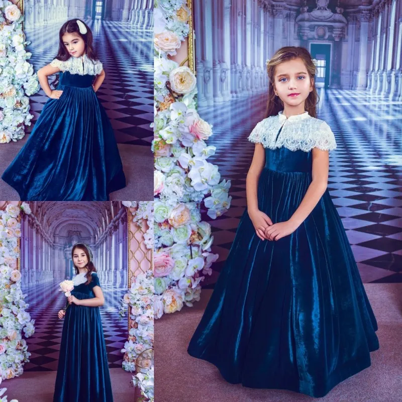 Hot Selling Kids Fluwelen Jurken Royal Blue Floor Lengte A-lijn Empire Wedding Flower Jurken voor Gitls One Piece per Opp zak