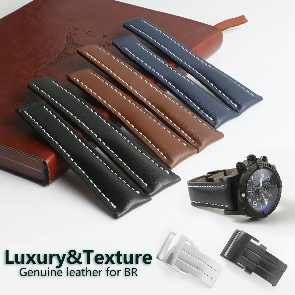 Fecho de fivela de implantação couro de bezerro couro genuíno pulseira de relógio para relógio Breitling masculino 20 mm 22 mm 24 mm preto azul com ferramenta