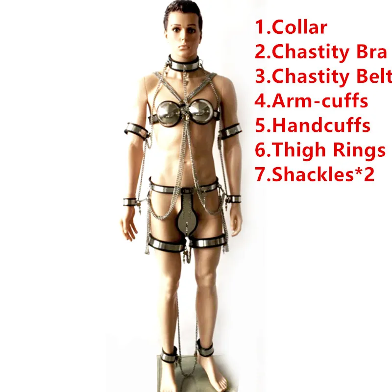 Dispositivo di castità 8in1 (colletto + manette + reggiseno + polsini + cintura di castità + anelli per la coscia + catene) Pantaloni di castità Sex Fetish Bondage Toys per uomini G89