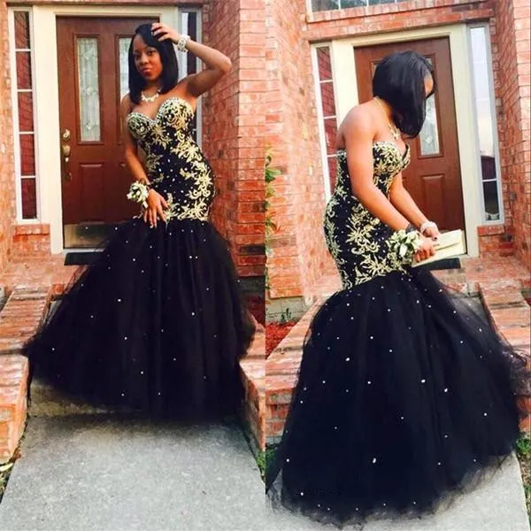 Sexy Gold Embroidery Black Tulle Mermaid Evening Dresses Formal Gowns Long  Sweetheart Sequin Beaded Corset Back Cheap Prom Pageant Dress