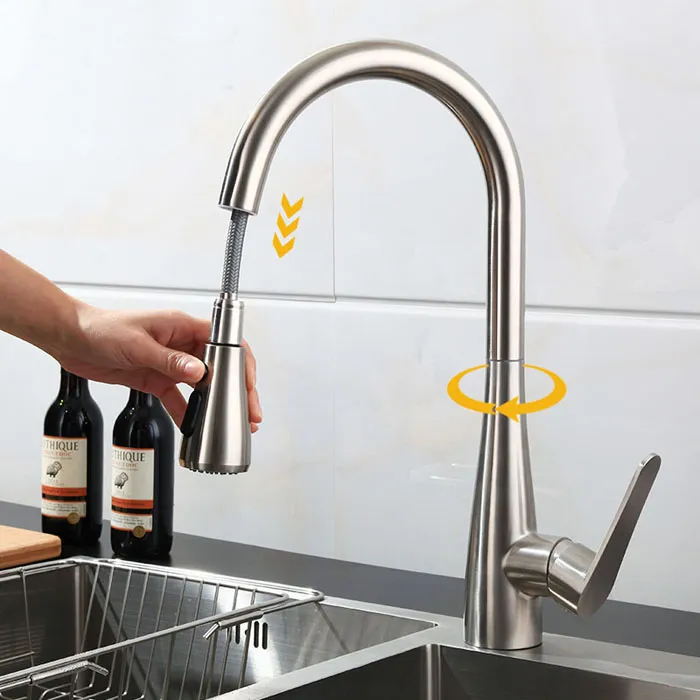 Küchenarmatur aus Edelstahl 304, gebürstetes Nickel, ausziehbarer Wasserfilterhahn mit zwei Funktionen, gereinigt, 466301N