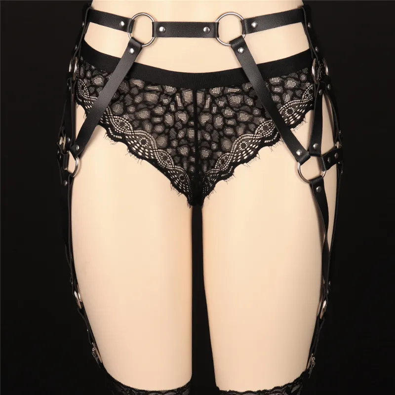 フェムメスセクシーなフェイククイーアークJarretièreセントゥールAvec 4サングルズアークメインja Cuir Taille Ceinture Pour Femmes Avec Punk O-Anneau Jambe Harnais