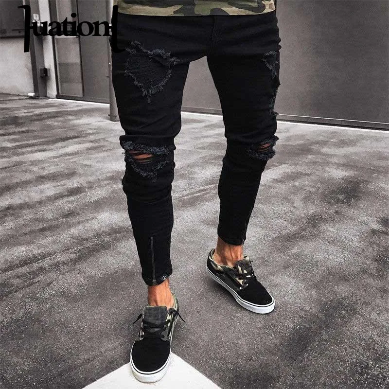 Distressed Hot Black Skinny Jeans Men Ripped Streetwear Hip Hop Knee Hole Zipper Slim Men Pants Fashion homme