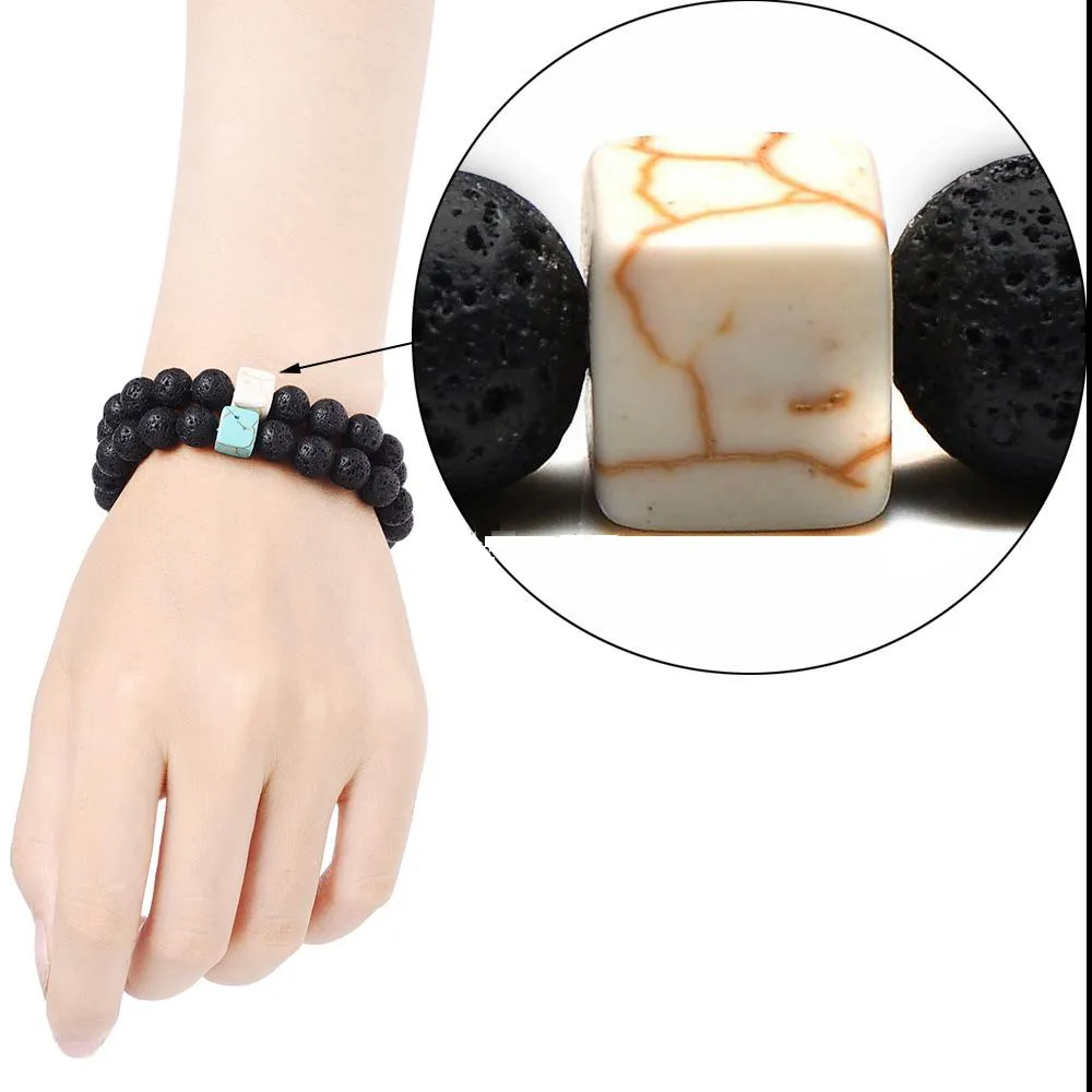 Mode 8MM Natürliche Schwarze Lava Stein Armband Quadrat Türkis Perlen Liebhaber Armbänder Für Männer Frauen Geschenke