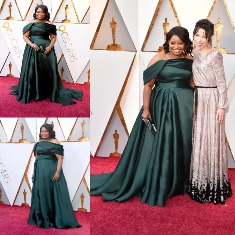 Robes de bal Oscar vert foncé, plus la taille de l'épaule robes de soirée sur mesure balayage train tapis rouge robe d'occasion spéciale