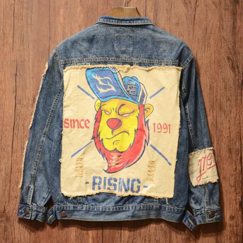 Fashion Denim Jacket Men Designs Money Print Patch Blue Jean Jacket For Men Hip Hop Distressed Hole Denim Jackets