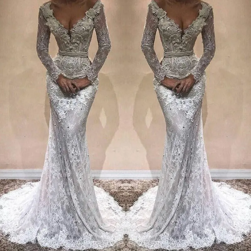 Gorgeous Pearls Applique Wedding Dress Sexy V-Neck Long Sleeves Beads Lace Mermaid Wedding Dress Stylish Plus Size Dubai Vestido De Novia