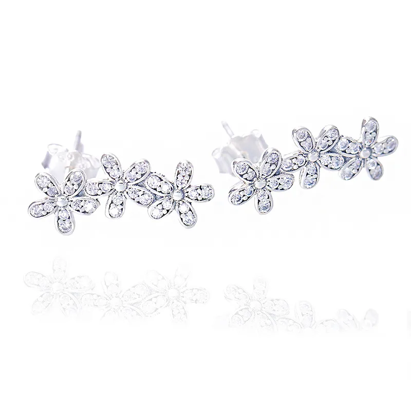 Authentic 925 Sterling Silver Flowers Earring with box logo Signature with Crystal for Pandora Jewelry Stud Earring Women's Earrings