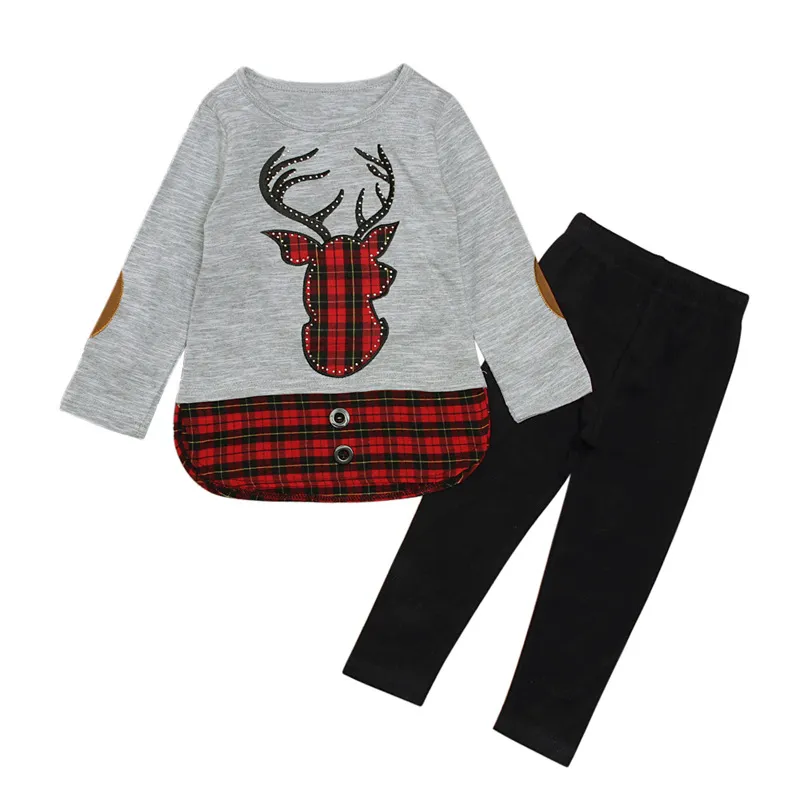 Conjunto de ropa de Navidad para niños, top de celosía de alce de otoño + pantalones negros, 2 uds., conjunto de Navidad para niños, conjuntos de ropa de ciervo para niñas