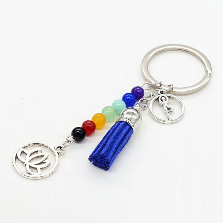 Natursten 7 Chakra Energi Yoga Fitness Nyckelring Nyckelring Lotus Tassel Keychain Key Rings för Women Män