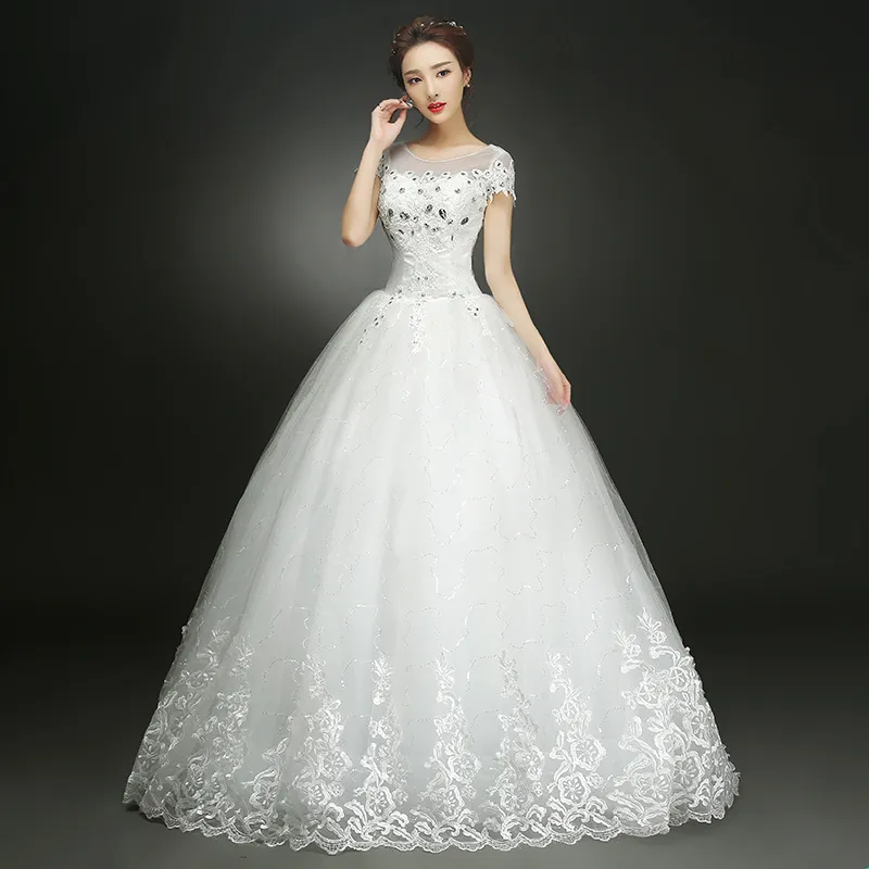 Novo estilo O-pescoço de manga curta branco decoração de cristal laço materialtando vestido de noiva feito sob encomenda