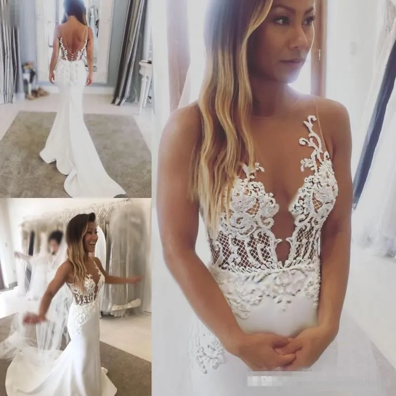 2019 New Illusion Bodice Mermaid Wedding Dresses Sheer Neck Lace Appliqued Sweep Train Satin Sexy Backless Wedding Gown