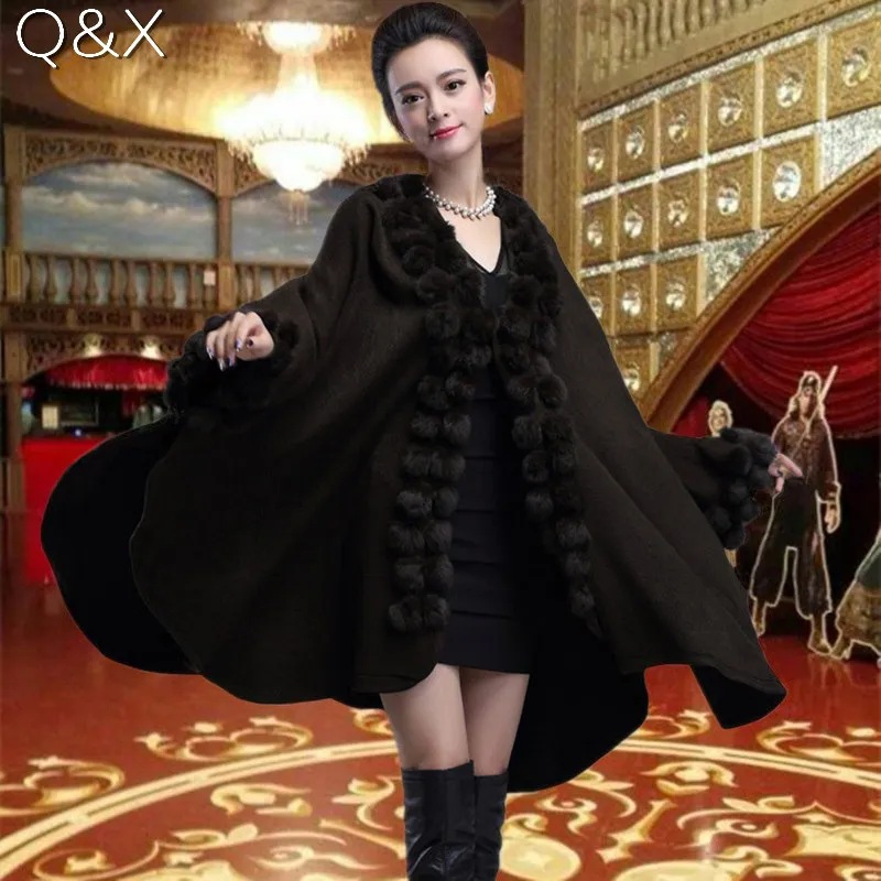 SC54 Womens Black Capes Poncho 2017 Winter Fur Ball Shawl Oversized Stickad Sweater Italian Long Cashmere Cardigan Coat