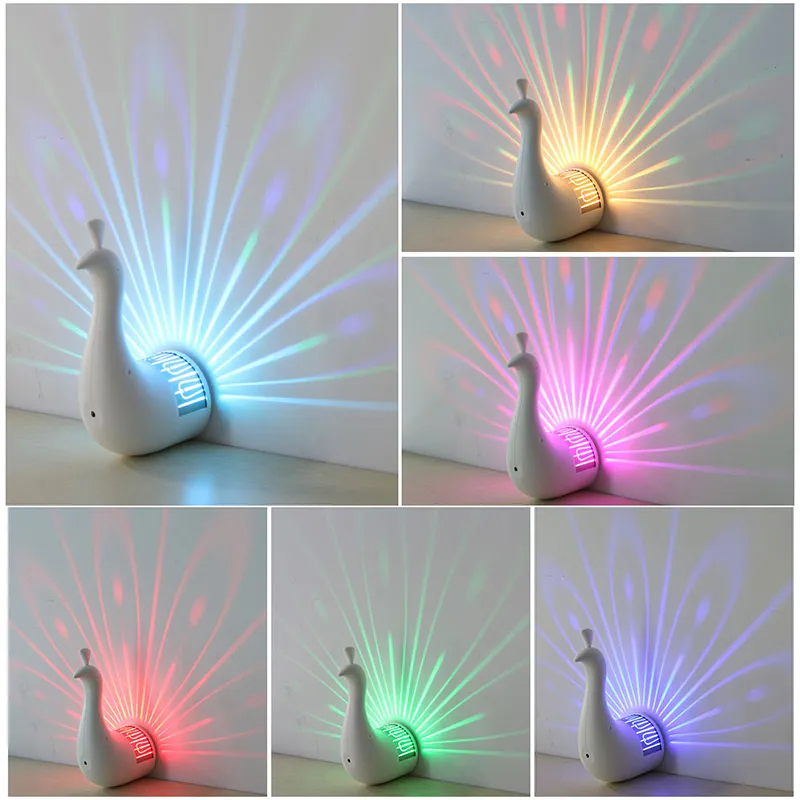 Nova Moda 3D Night Pavão Pavão Luz Luz Casa Pavão Pavão USB Carregamento LED Colorful Projection Magical Light Party Decor