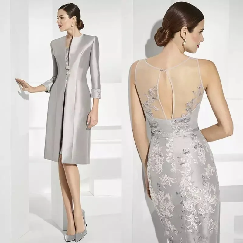 Elegant Silver Lace Moder av brudklänningarna med långa ärmar Satin Jacket Sheer Wedding Guest Dress Knä längd Billiga kvällsklänningar