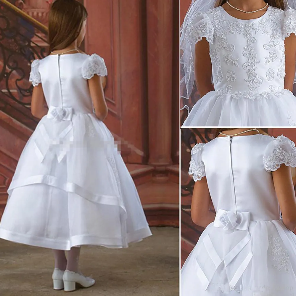Witte eerste communie jurk bloemenmeisjes jurken voor bruiloft korte mouw boog sjerp Appliques kanten thee-lengte bruiloftsjurken