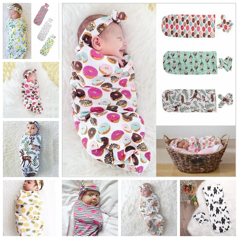 9 farben Infant Floral Baumwolle Swaddle Decke 2 Stück Set Schlafsäcke Musselin Wrap + Stirnband Neugeborenen Baby Pyjamas Haarband AAA482