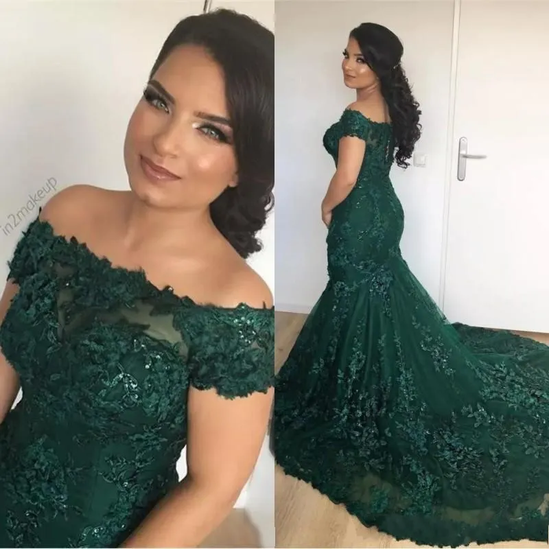 Emerald Green Mermaid Evening Dresses 2018 Arabiska Vintage Off Shoulder Sequined Lace Appliques Prom Klänning Glamorösa Party Klänningar