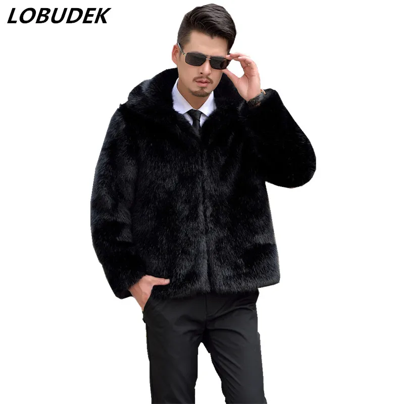 2018 남성 Faux Fur Coat 검은 갈색 회색 느슨한 캐주얼 겉옷 겨울 남자의 따뜻한 overcoat 야외 패션 유행 의복 복