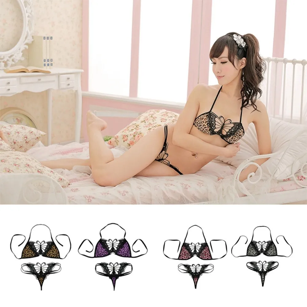 Fashion Sexy Hollow Butterfly Leopard Bra Thong G String Sets