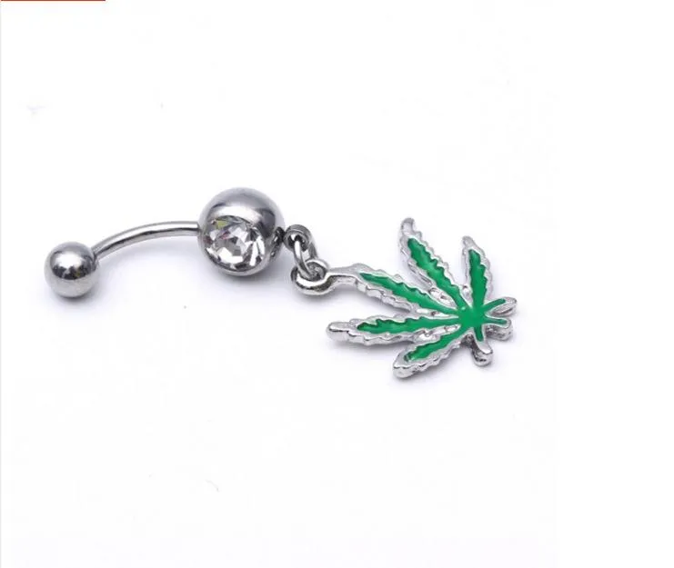 316L Kirurgisk Rostfritt Stål Kristall Rhinestone Belly Button Navel Bar Ringar Ny kropp Piercing Smycken Dangling Maple Leaf Charms