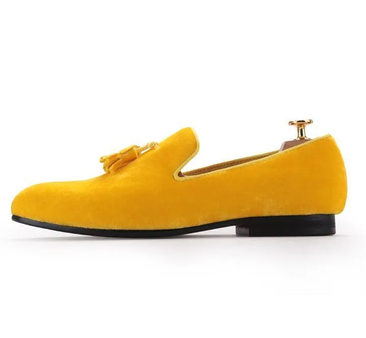 Promotion Yellow Velvet Tassel Men Dress Wedding Shoes For Events Round Toe Leather Lining US Size 7-14