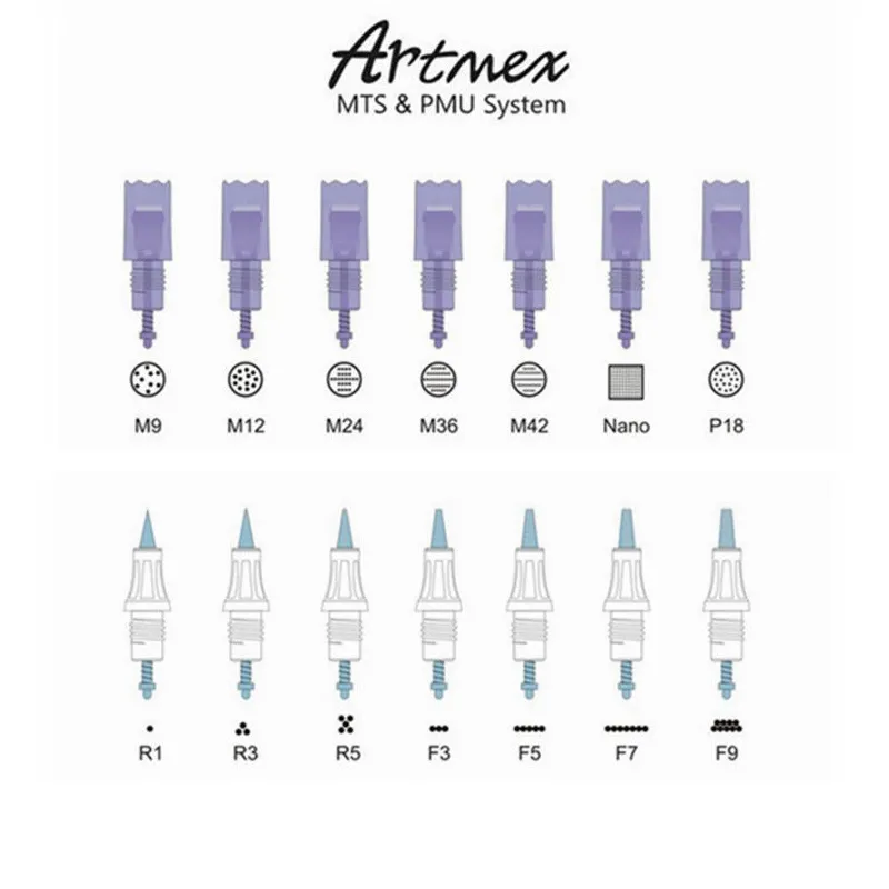 タトゥーニードルカートリッジ、ArtMex V8永久化粧用タトゥー機械1R、3R、5R、3F、5F、7F、9F、M12、M24、M36、M42、Nano針