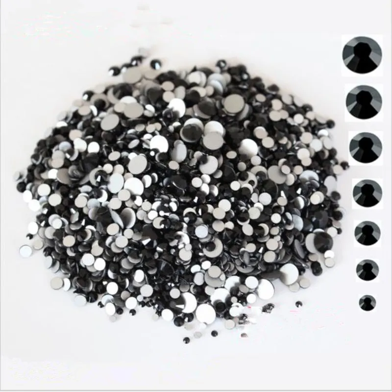 1440 stks / pack SS3-SS12 Glas Crystal Black Non Hotfix Plaksteen Rhinestones Nail Rhinestones Voor Nagels 3D Nail Art Decoration Gems