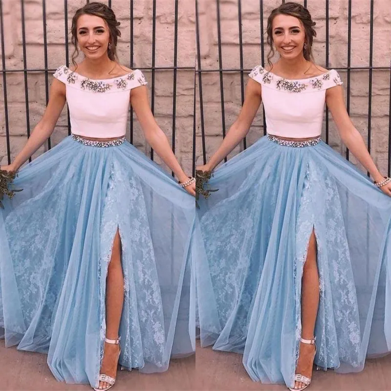 Arabe Longue Deux Pièces Robes De Bal Bateau Cou Cristaux Ivoire Crop Top Dentelle Tulle Jupe avec Split Formelle Soirée Robes De Soirée Sur Mesure