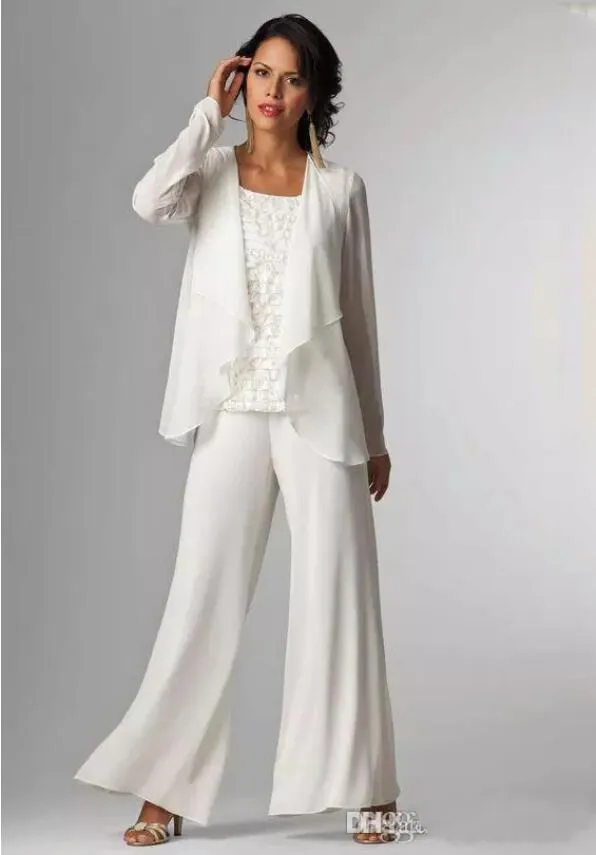 Ivory White Chiffon Mother of the Bride Dresses Mother Pants Suits Mother Bride Pant Suits With Jacket Women Party Dresses Trouser Suits