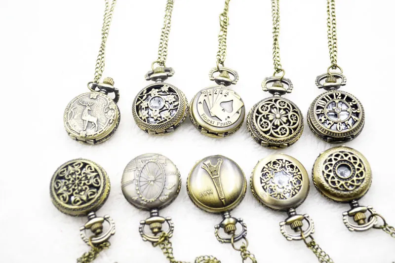 Wholesale Mix 30 Designs Case Dia 2.5CM Pendant Chain Quartz Bronze Small Crown Watch Pocket Watch