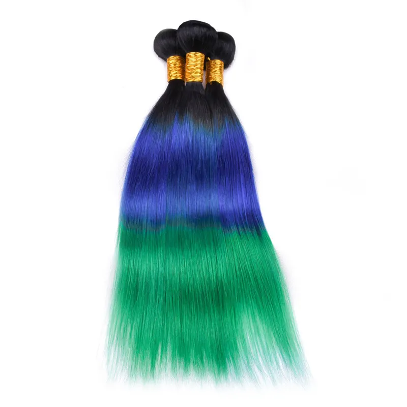 Three Tone #1B/Blue/Green Ombre Brazilian Virgin Human Hair Bundles Deals Silky Straight Human Hair Weaves Weft Extensions