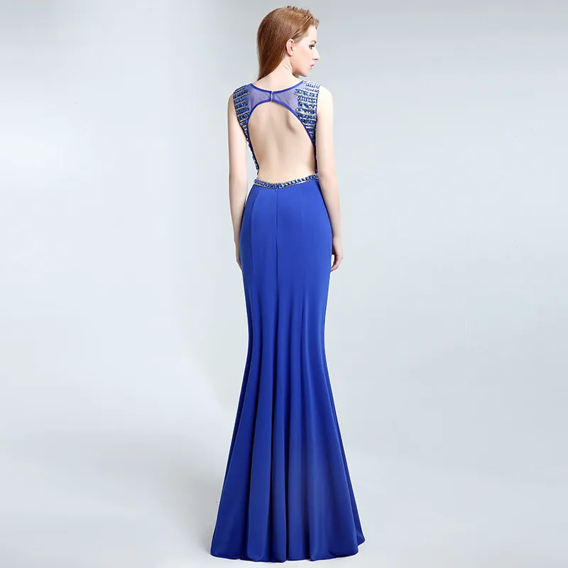 Sexy Mode Blauwe Lange Staart Fishtail Avondjurken Qatar 2024 Grote Ronde Hals Back Hollow Ballroom Jurken HY059