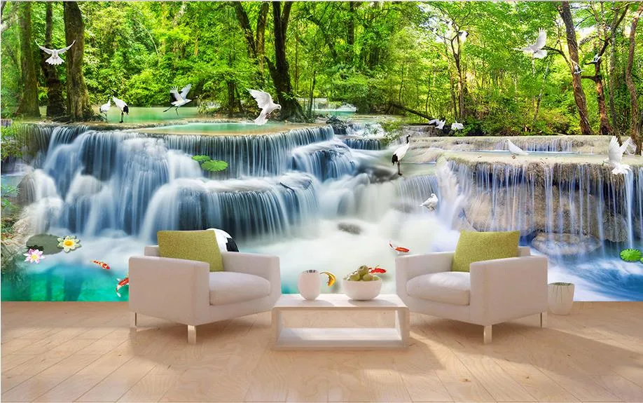 3D Muurpaneel Waterval Flowing Forest Crane Pigeon Whole House achtergrond Muurschildering