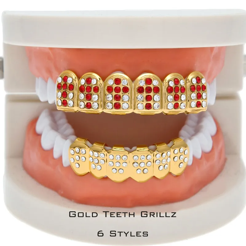 Party Cosplay HipHop Accessories CZ Crystal Bio Copper Gold Teeth Grillz Caps Top & Bottom With Red Black Cross Charm Grill Sets Tooth Socke