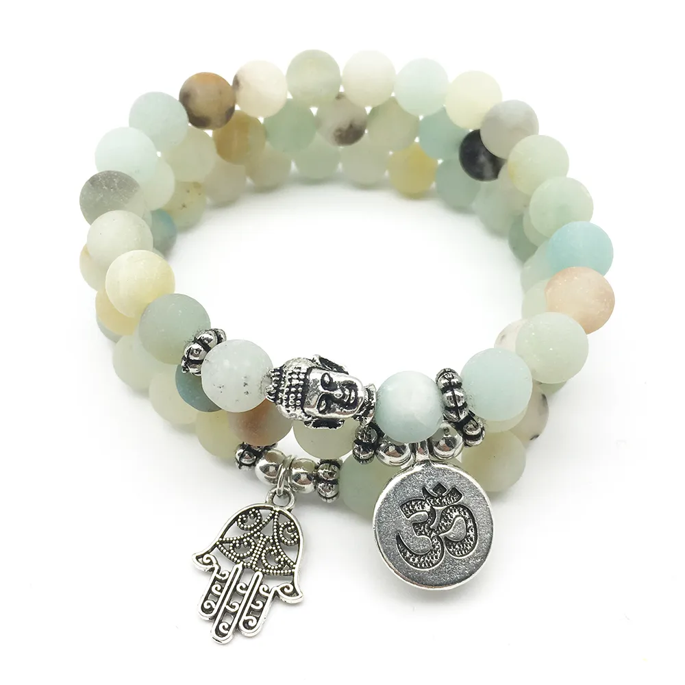 SN1282 Designer 2018 Bracciale testa di Buddha Set Bracciale Amazzonite opaco Ohm Hamsa Gioielli in pietra naturale di alta qualità