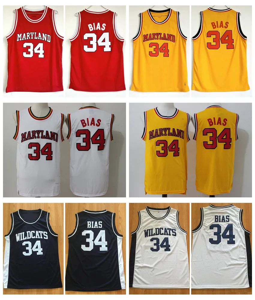 Mens 1985 Maryland Terps 34 Len Bias 대학 농구 유니폼 빈티지 Northwestern Wildcats 고등학교 스티치 셔츠 블랙 S-XXL