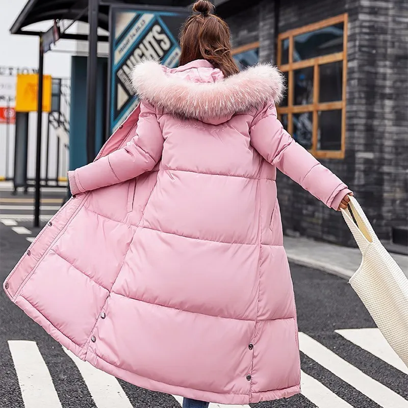 Fur Korean Long Pink Coats Premium Long Down Parka: Women's Winter