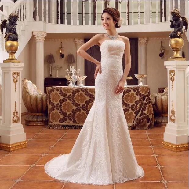 2018 Nuovo stile classico coreano Abito estivo Design bianco con spalle scoperte Abito da sposa da sposa sexy in pizzo Vestido de Noiva