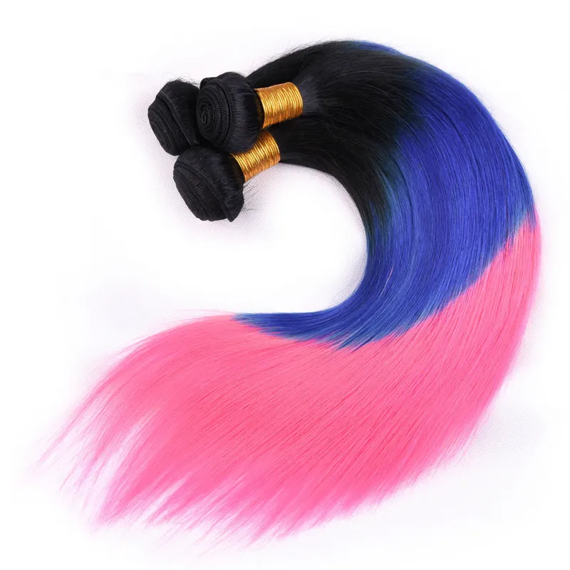 Trois tons coloré # 1b / bleu / rose ombre péruvienne vierge de cheveux humains tissés 3 Bundle offres avec une fermeture de dentelle 4x4 soyeuse droite