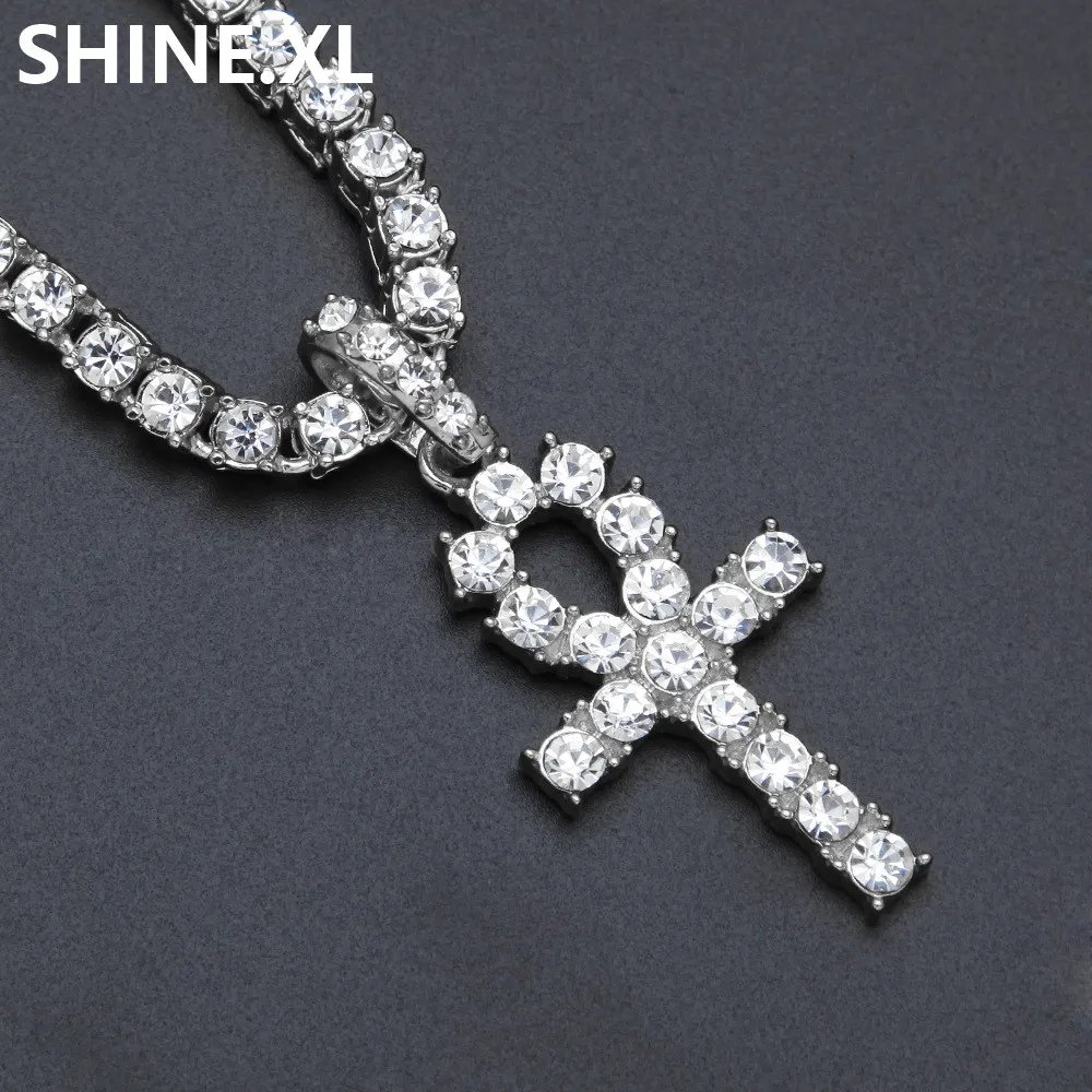 Męskie mrożone Hip Hop Gold Artificial Diamond Ankh Lab Diamond 1 Row Tennis Chain 24 -calowy biżuteria BLING5281273