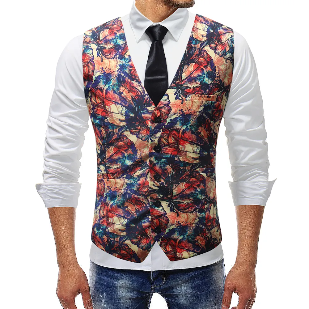 2018 New Style Casual Men's Suit Vest Slim Fit Waistcoat Floral Mens Vest Formal Wear Wedding Weste Herren Gilet Costume Homme