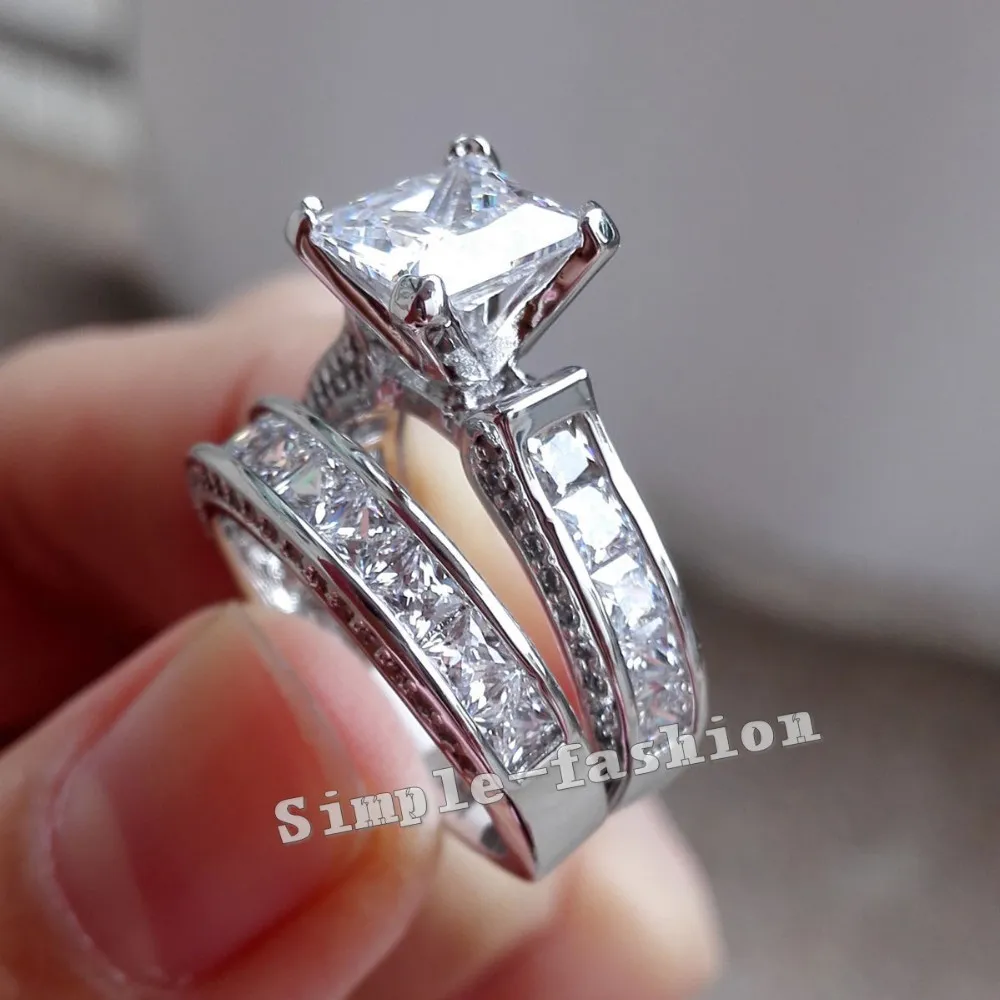 Choucong Frauen Modeschmuck Prinzessin Schnitt 2KT Diamant Weißgold Gefüllt Engagement Hochzeit Band Ring Set